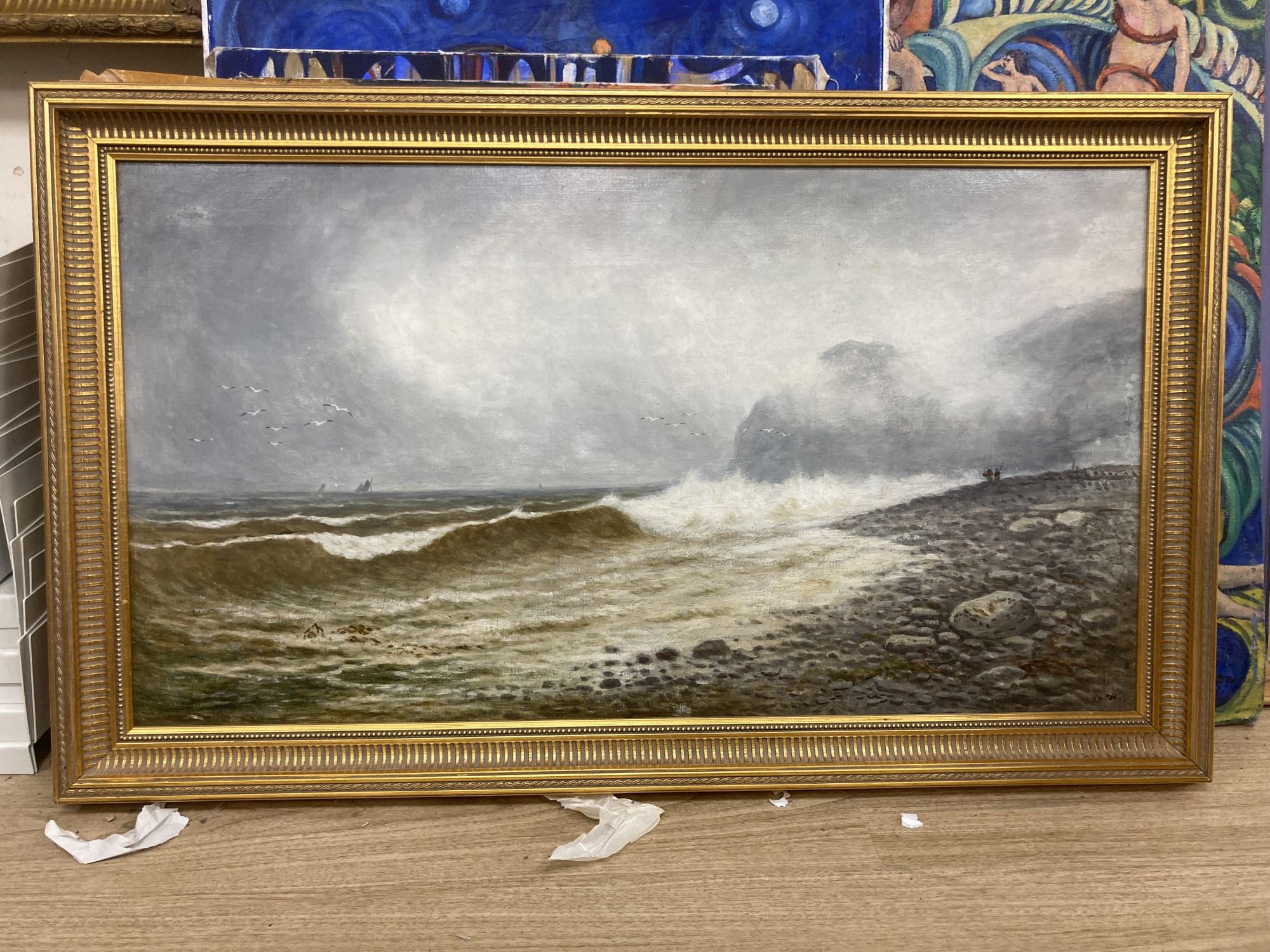 Frederick William Pike, oil on canvas, Waves breaking on the shore with shipping in the distance, signed, 49 x 90cm